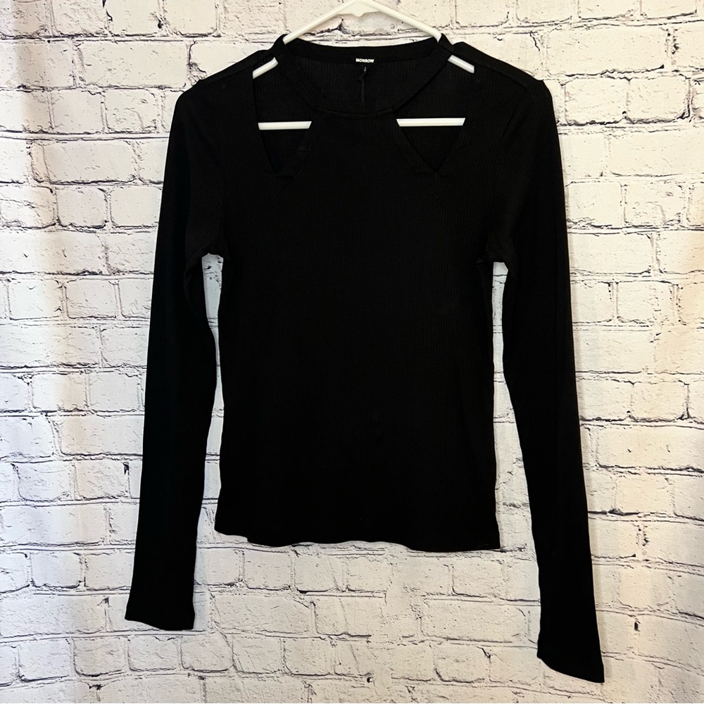 Monrow NWT Black Cutout‎ Long Sleeve Ribbed Blouse Size Large